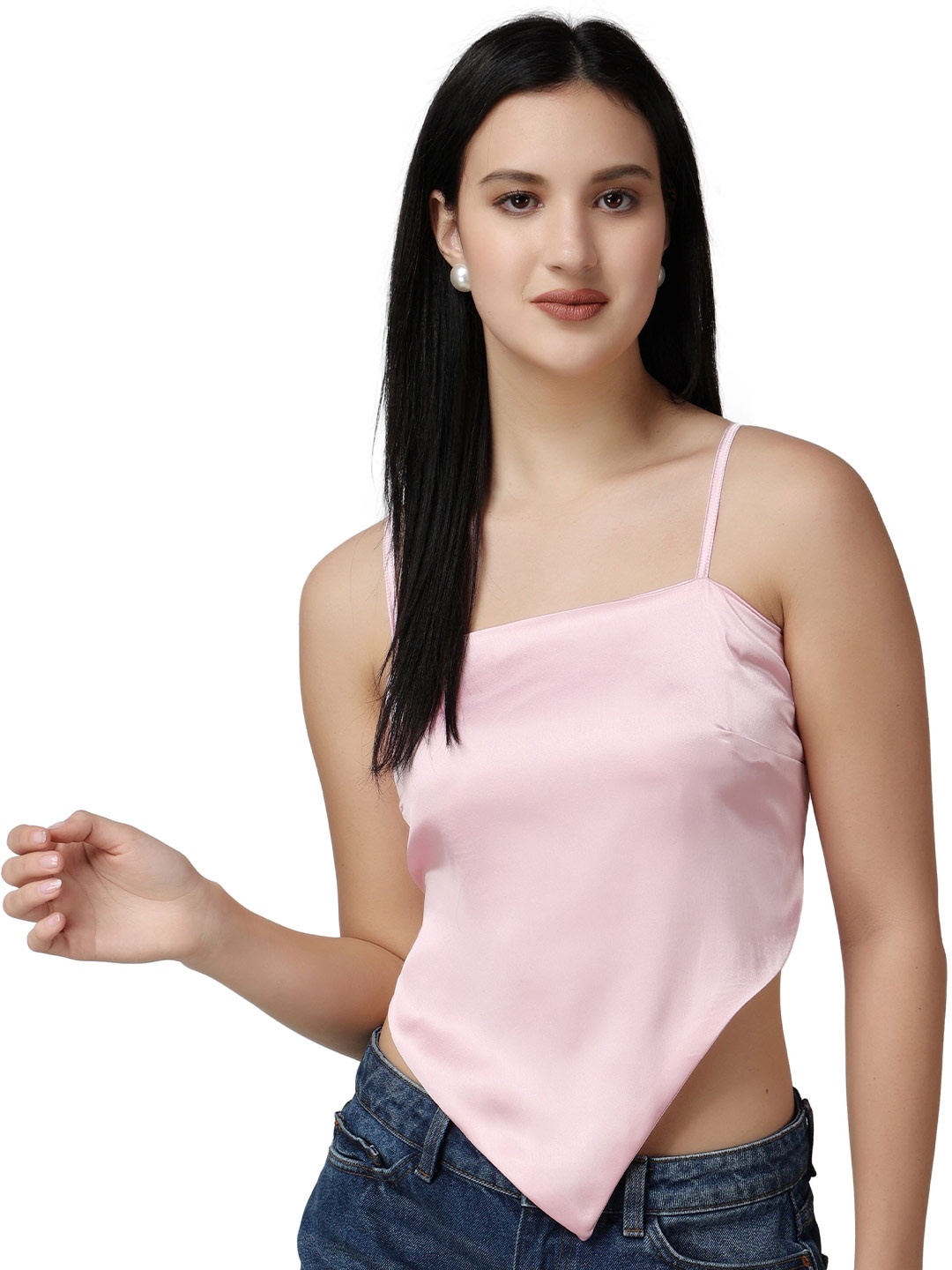 

Popwings Shoulder Straps Scarf Knot Knitted Satin Crop Styled Back Top, Pink