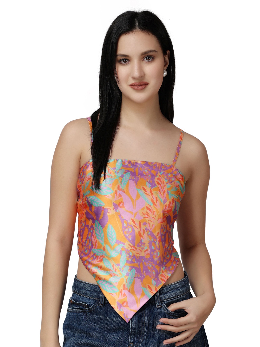 

Popwings Floral Print Satin Crop Top, Orange