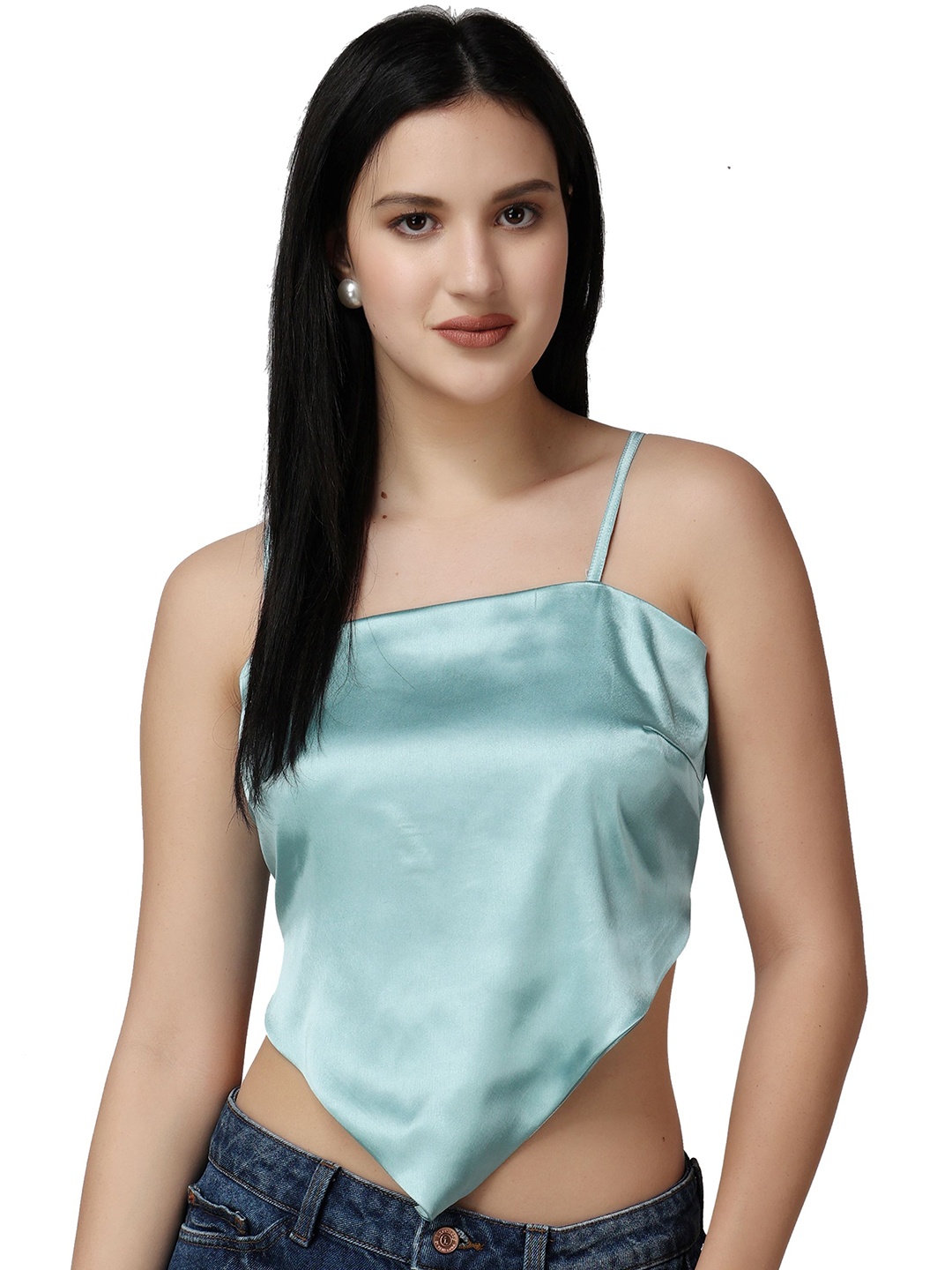 

Popwings Shoulder Straps Scarf Knot Knitted Satin Crop Styled Back Top, Sea green