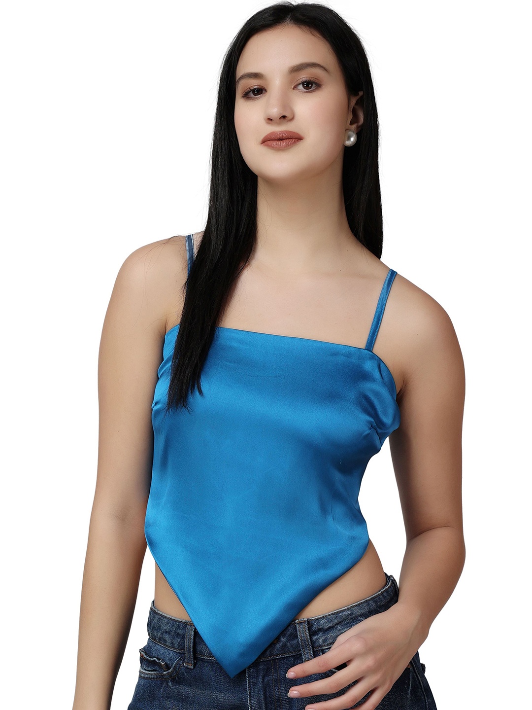 

Popwings Sleeveless Satin Crop Top, Blue