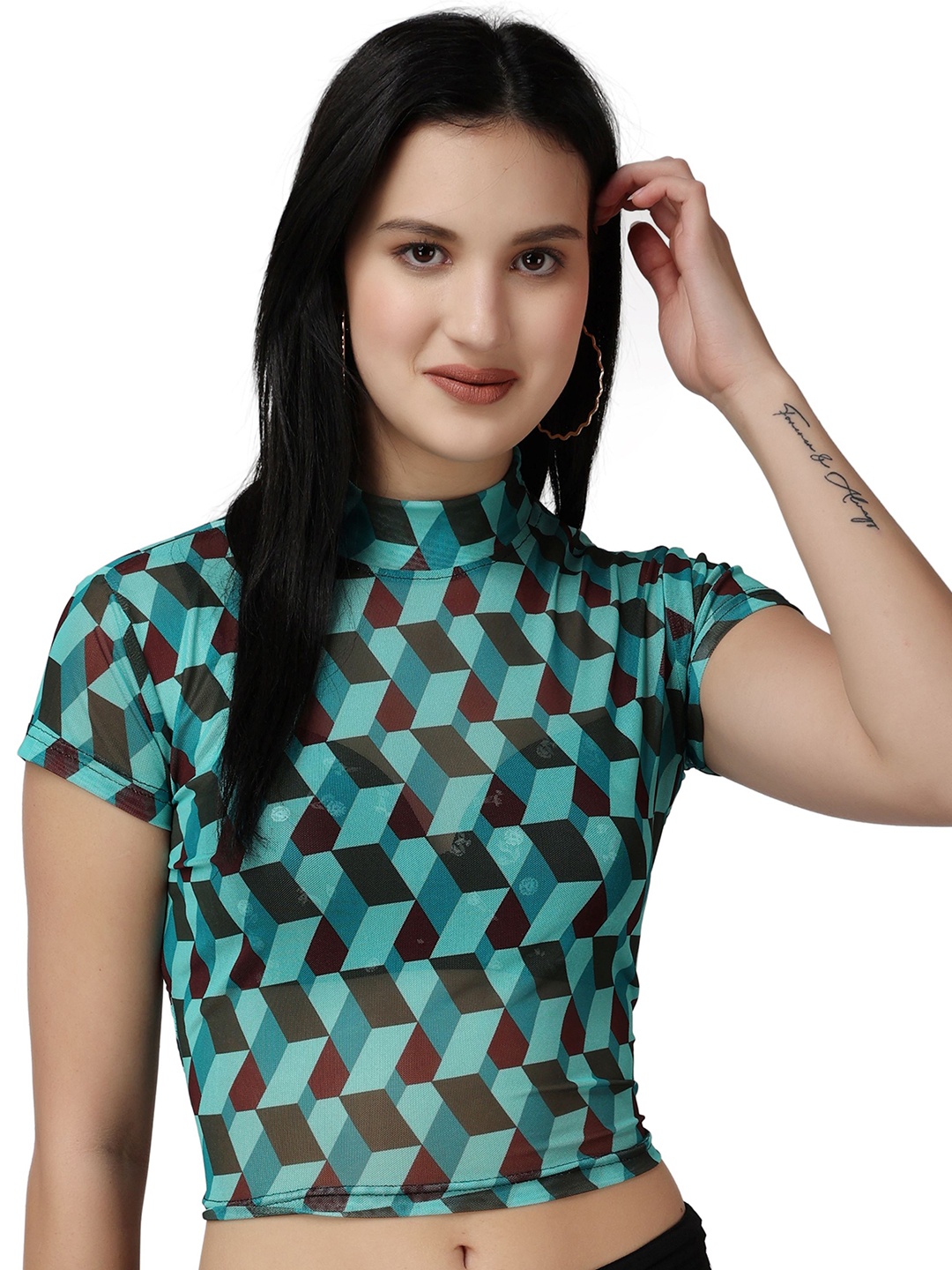 

Popwings Geometric Printed High Neck Crop Top, Green