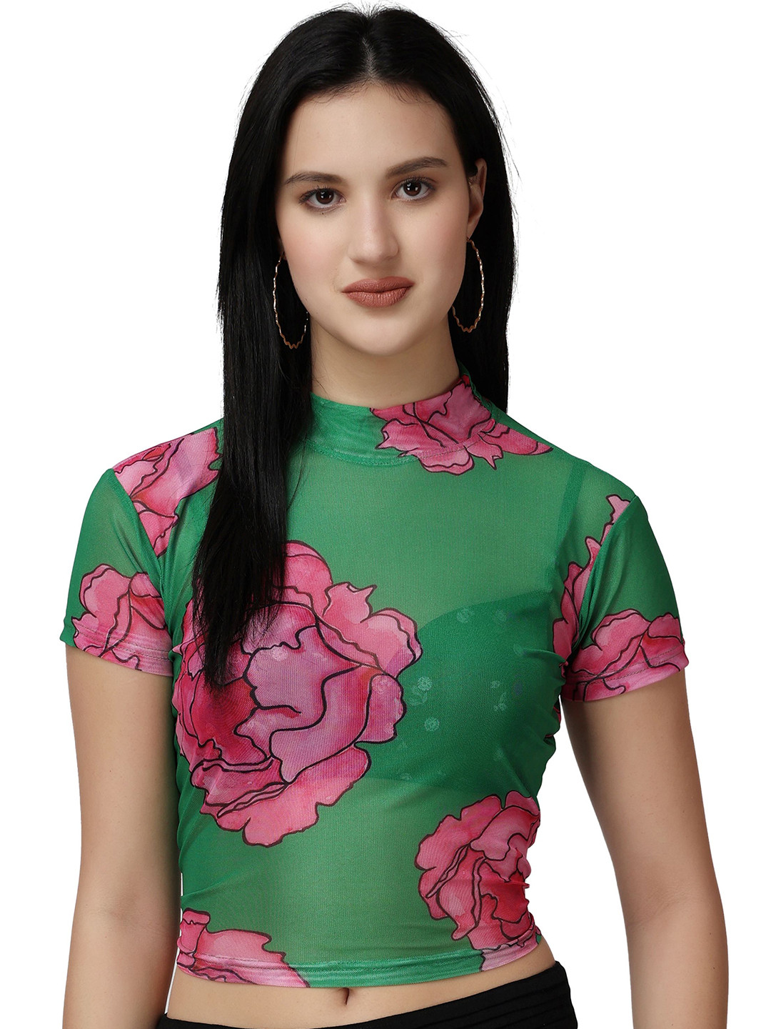 

Popwings Floral Printed High Neck Crop Top, Pink