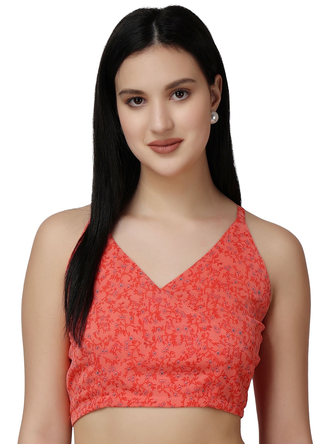 

Popwings Floral Printed Georgette Bralette Crop Top, Red