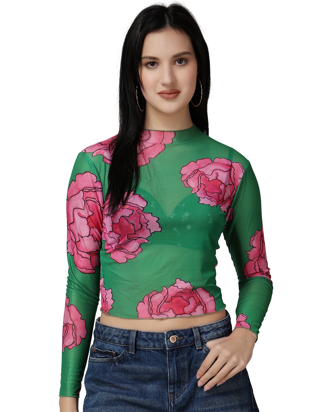 

Popwings Floral Printed Semi Sheer Knitted Crop Top, Green