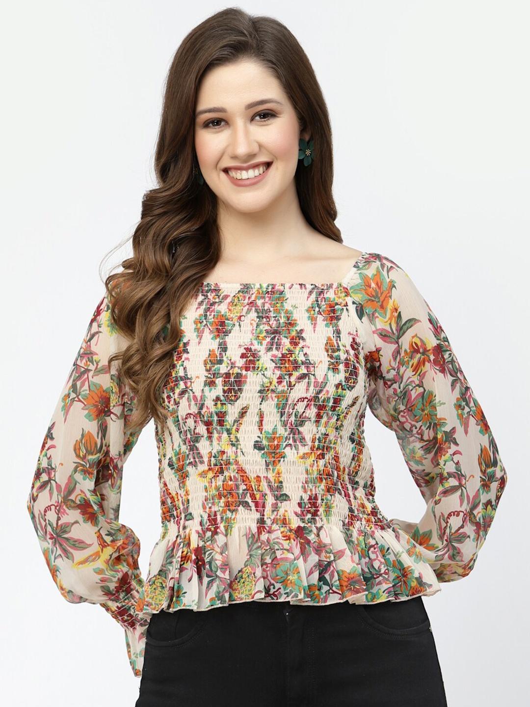 

Popwings Floral Print Bell Sleeve Smocking Top, Cream