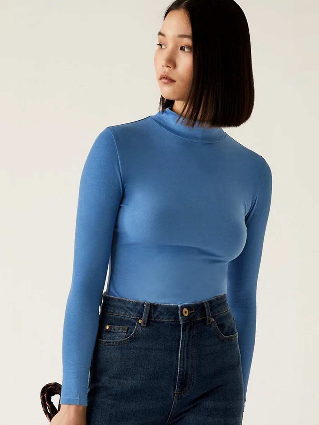 

Marks & Spencer High Neck Long Sleeves Fitted Casual Top, Blue