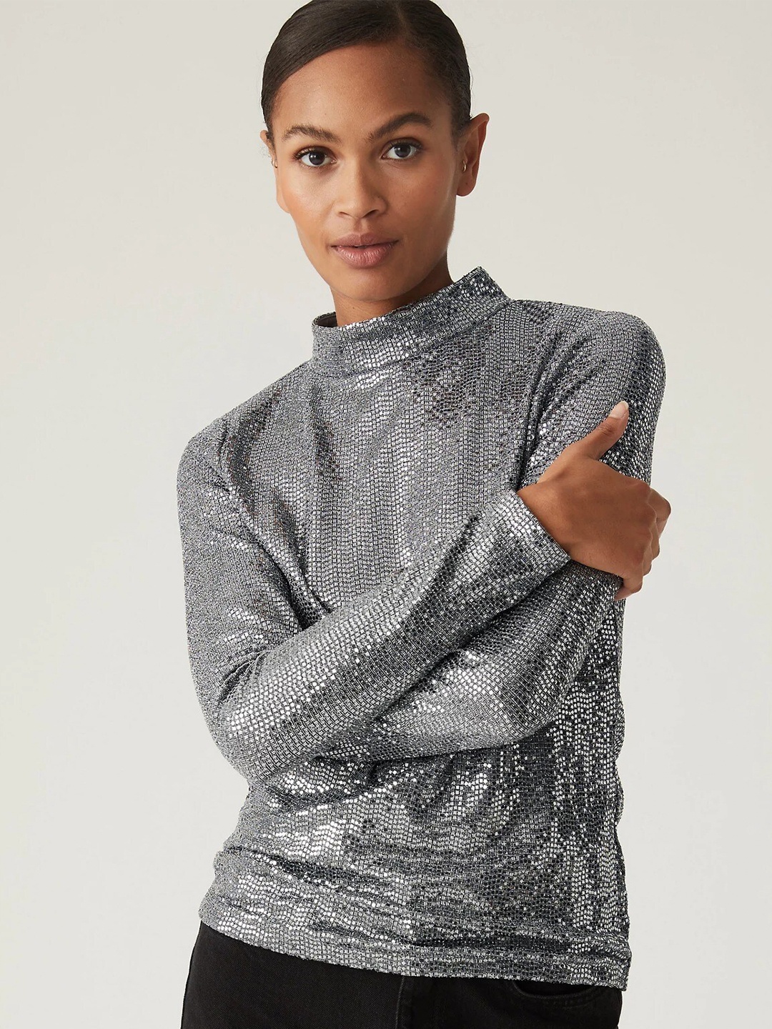 

Marks & Spencer Embellished High Neck Top, Silver