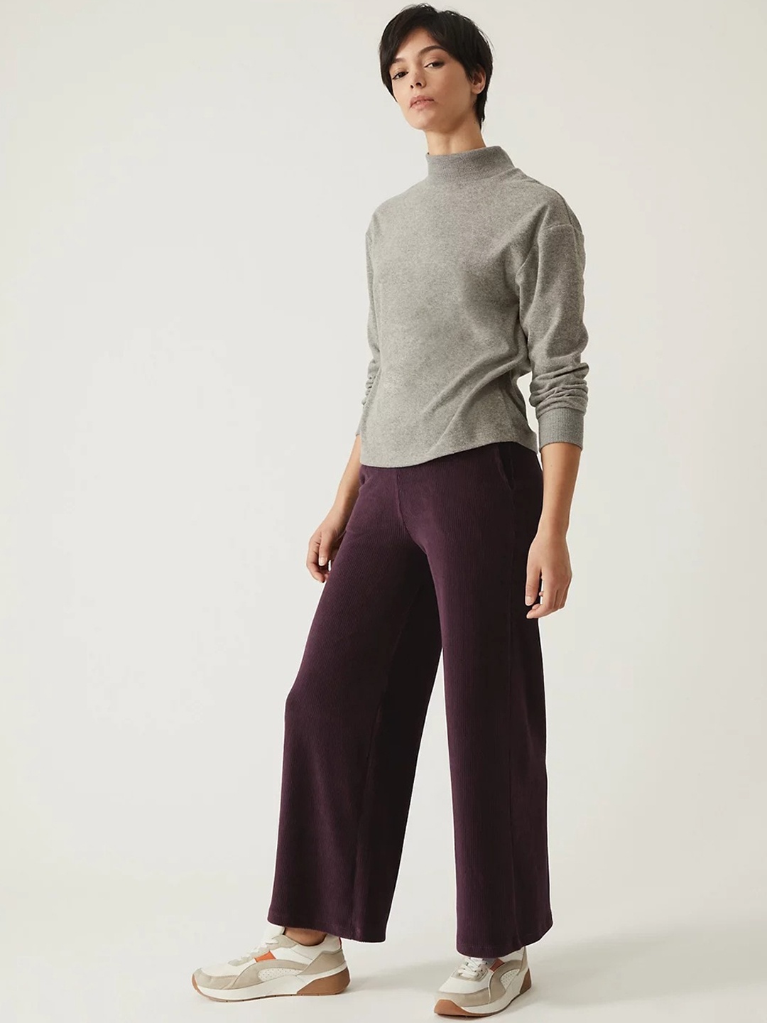 

Marks & Spencer Women Straight Fit High-Rise Parallel Trousers, Burgundy