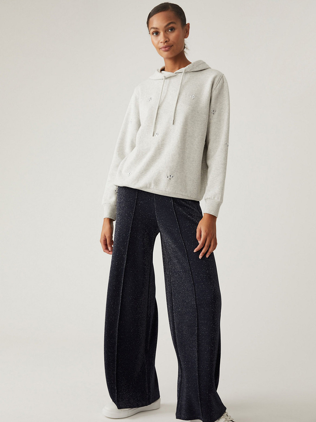 

Marks & Spencer Women Self Design Straight Fit High-Rise Trousers, Navy blue