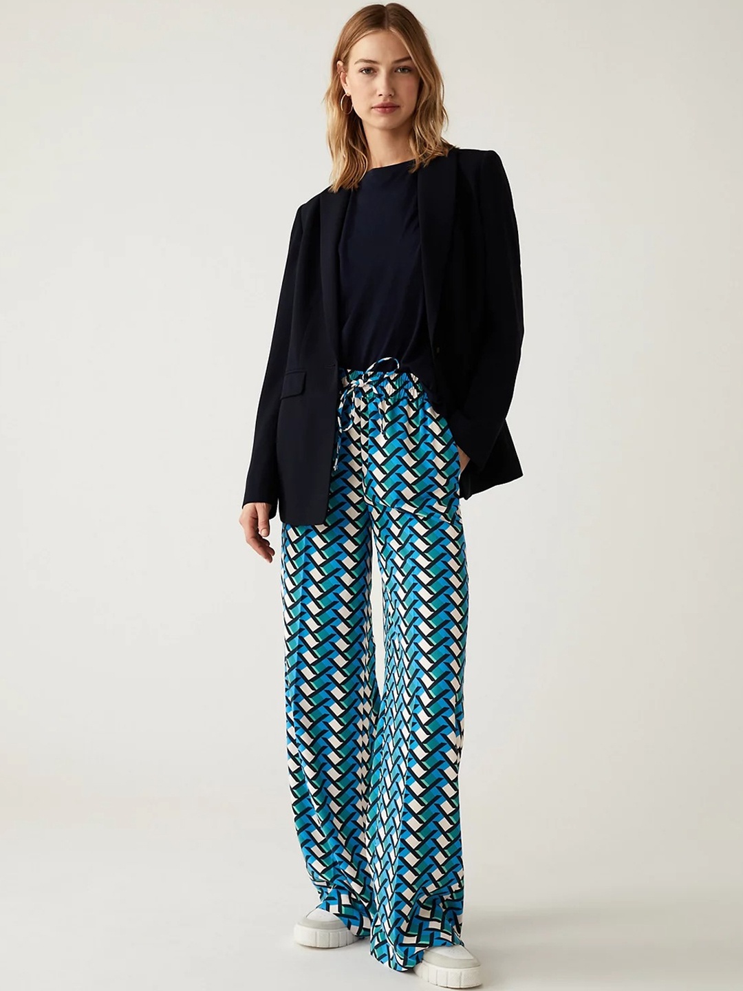 

Marks & Spencer Women Geometric Printed Flared Fit High-Rise Parallel Trousers, Blue