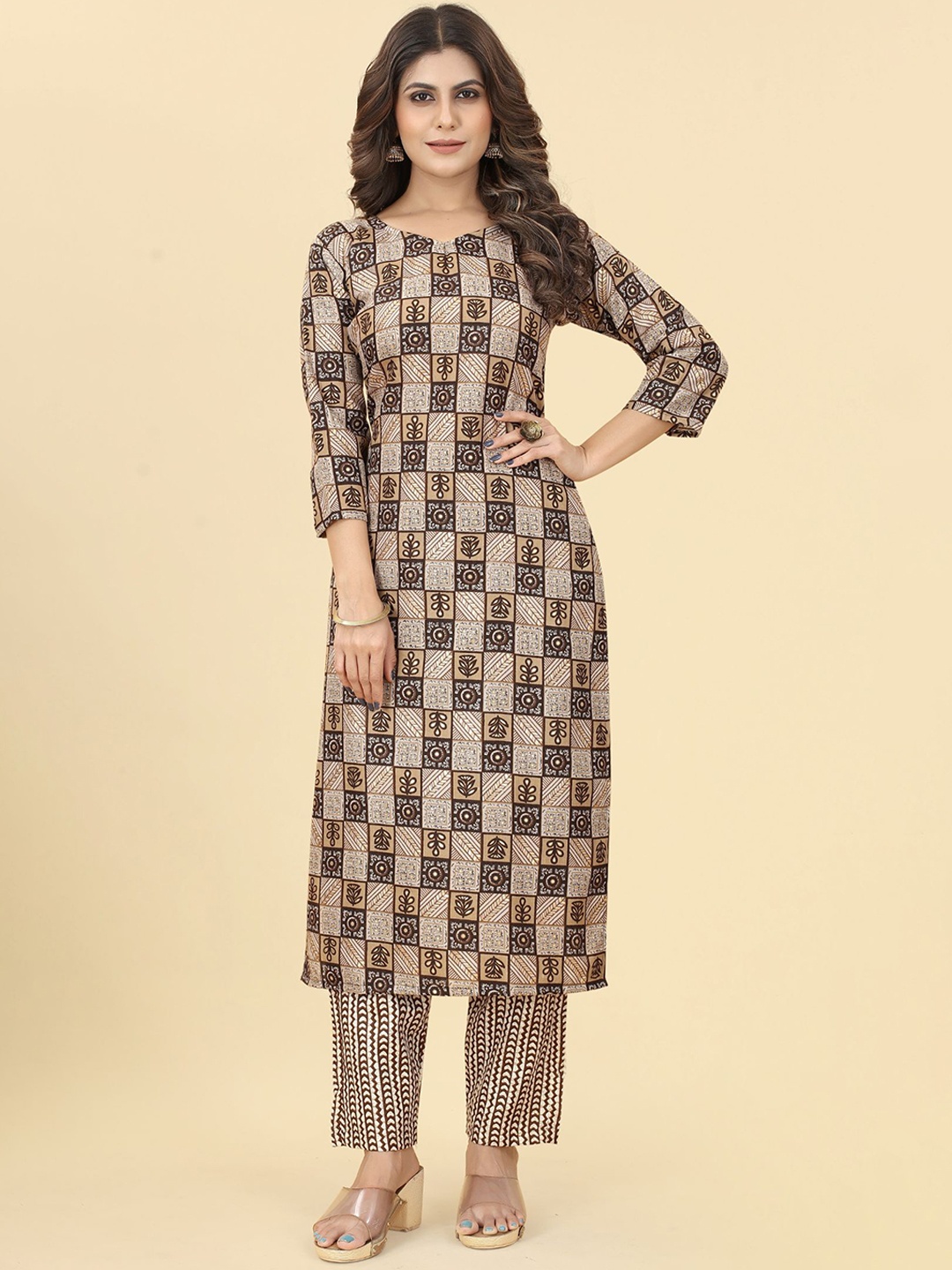 

KALINI Ethnic Motifs Printed Regular Kurta with Trousers, Brown