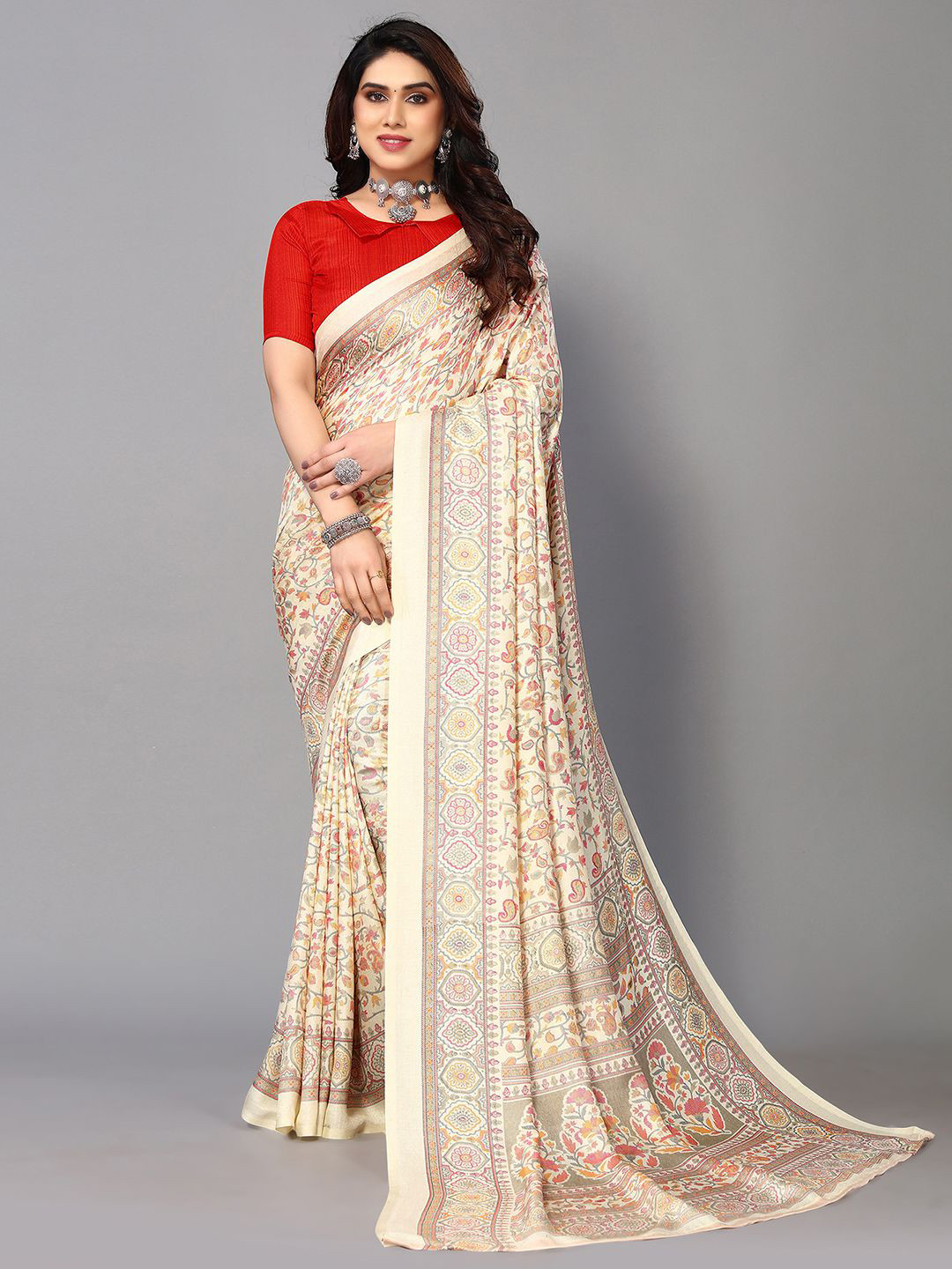 

SIRIL Floral Printed Saree, Beige