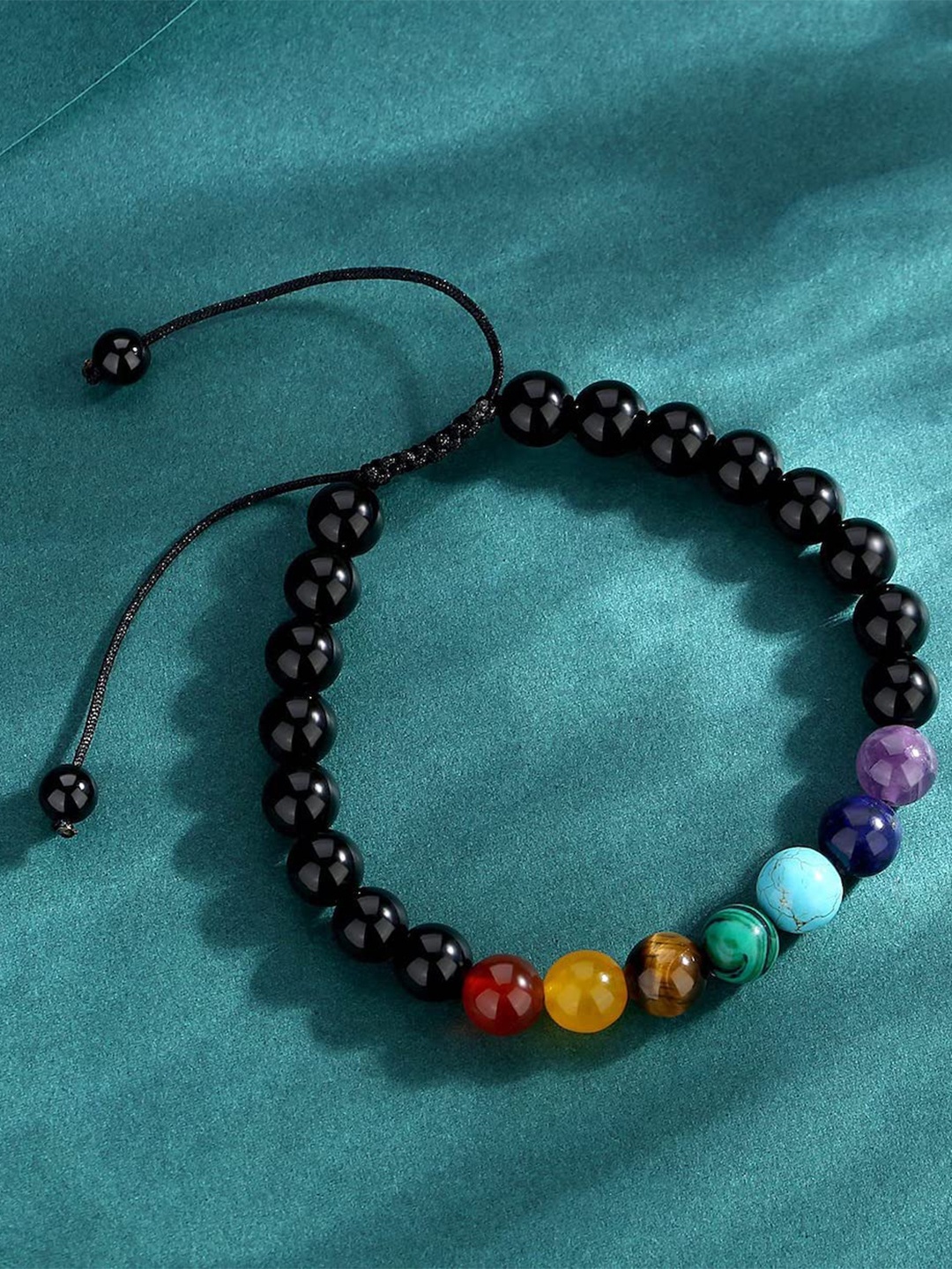 

HOT AND BOLD 7 Chakra Natural Gemstones Beads Wraparound Bracelet, Black