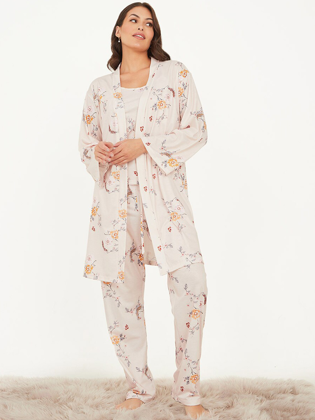 

Styli Floral Printed Cami & Pyjamas With Rabe Night suit, Cream