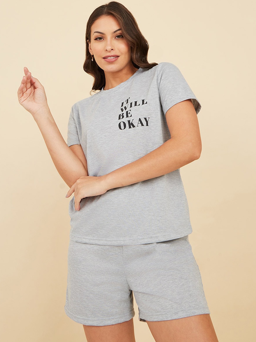 

Styli Typography Printed Round Neck Short Sleeves Night suit, Grey