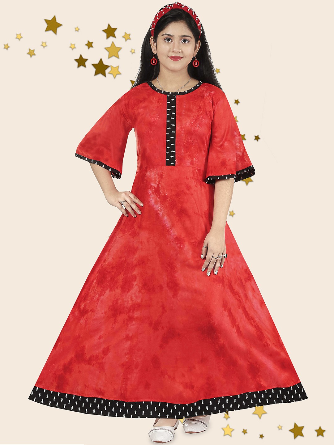 

KAARIGARI Girls Abstract Printed Flared Sleeves A-Line Maxi Dress, Red