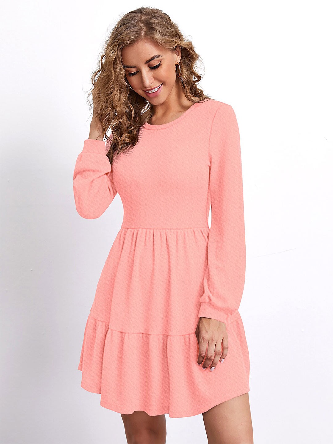 

FAVRIZ Round Neck Puff Sleeves Gathered Or Pleated Fit & Flare Dress, Peach