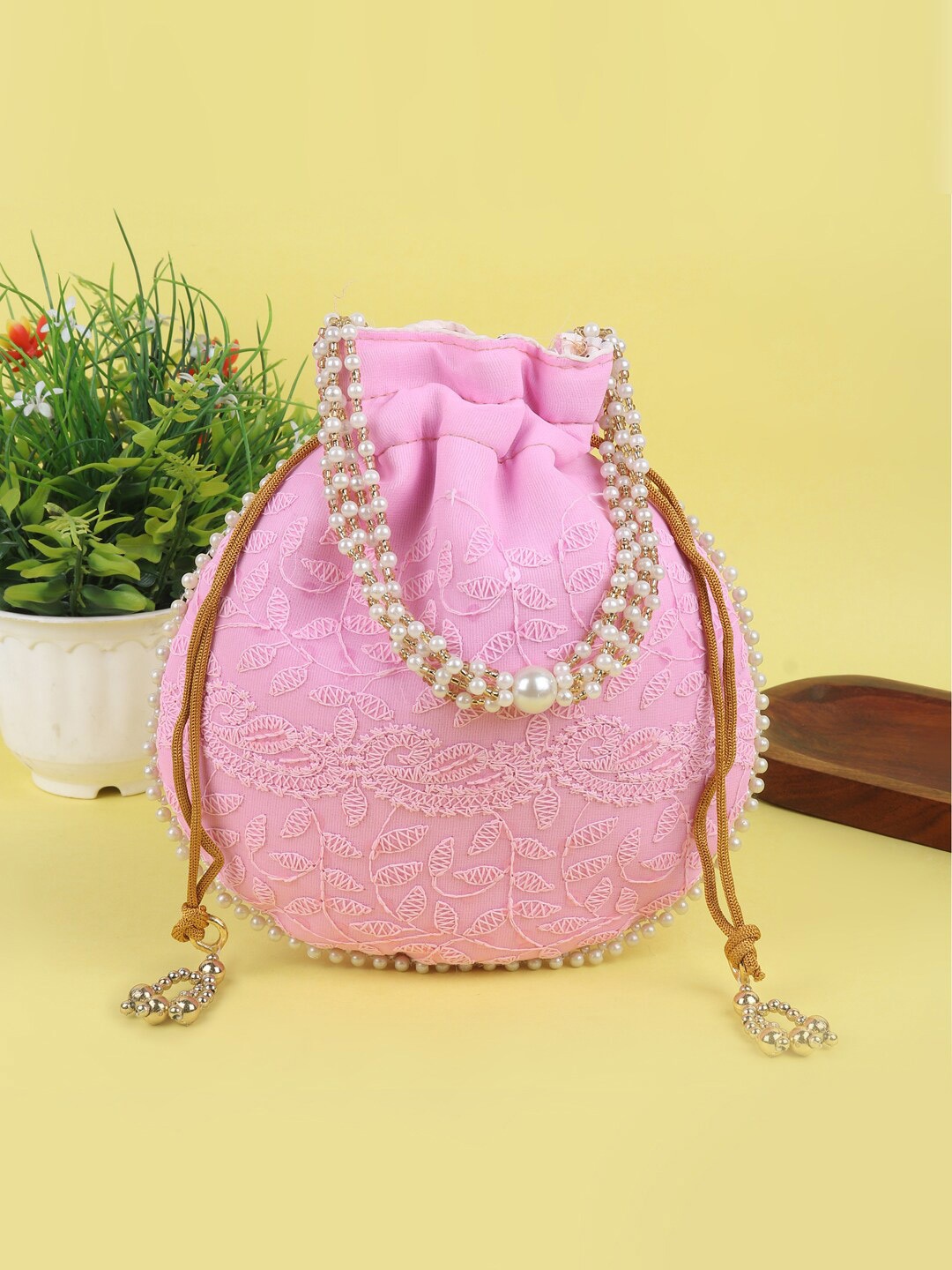 

LIKAA Embroidered Potli Clutch With Wrist Loop, Pink