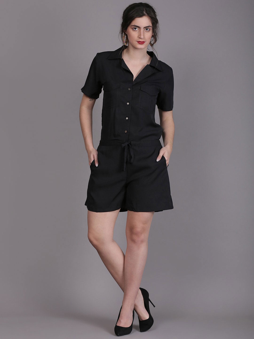 

DESI WOMANIYA Shirt Collar Playsuit With Waist Tie-Ups, Black