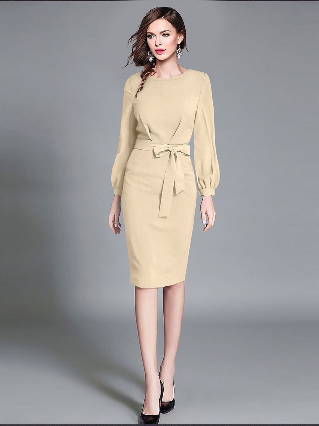 

FAVRIZ Round Neck Cuffed Sleeves Bodycon Dress, Coffee brown
