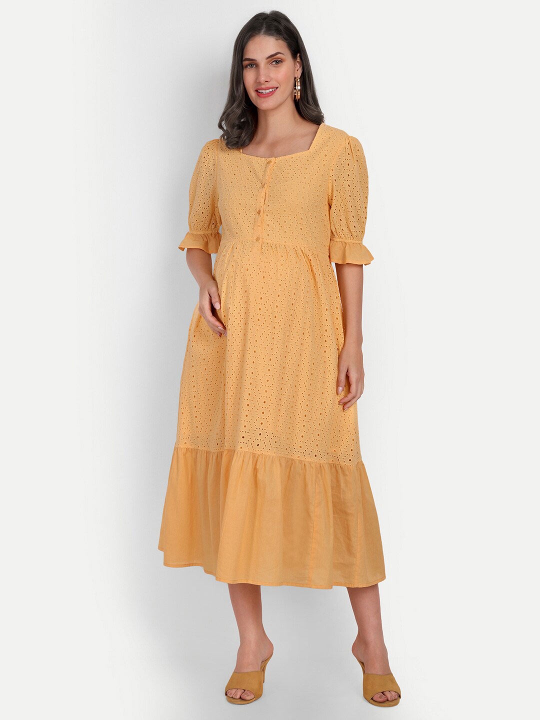 

Aaruvi Ruchi Verma Self Design Fit & Flare Cotton Maternity Midi Dress, Yellow