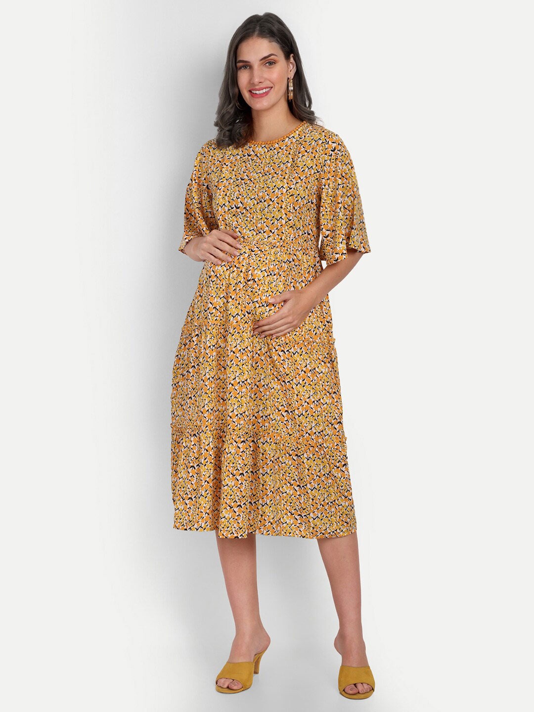 

Aaruvi Ruchi Verma Floral Print Flared Sleeve Fit & Flare Maternity Midi Dress, Yellow