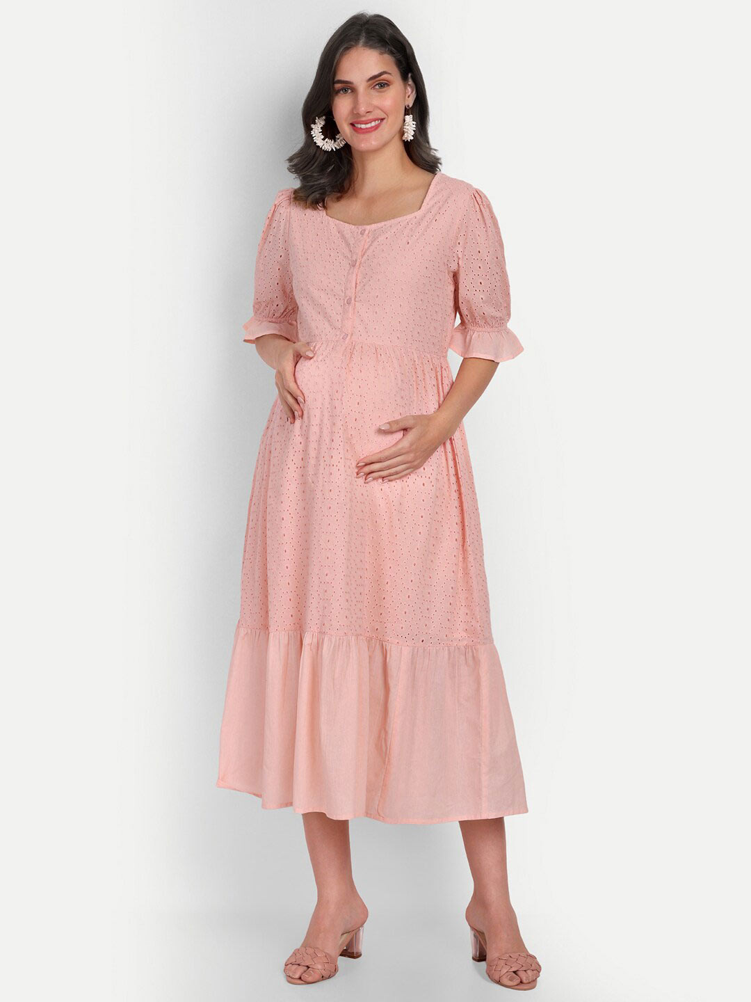 

Aaruvi Ruchi Verma Bell Sleeve Fit & Flare Midi Cotton Dress, Pink