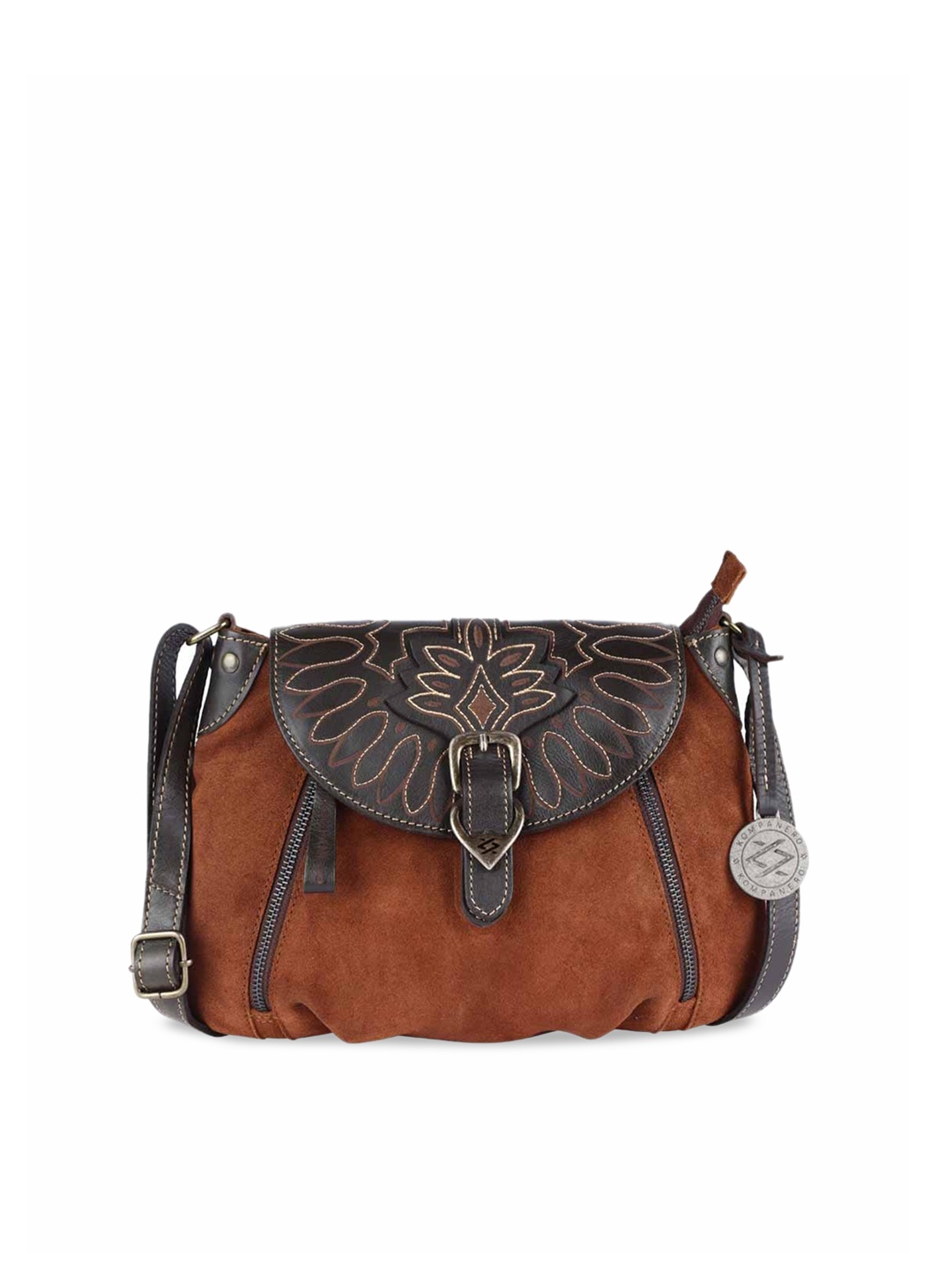 

KOMPANERO Textured Leather Structured Sling Bag, Tan