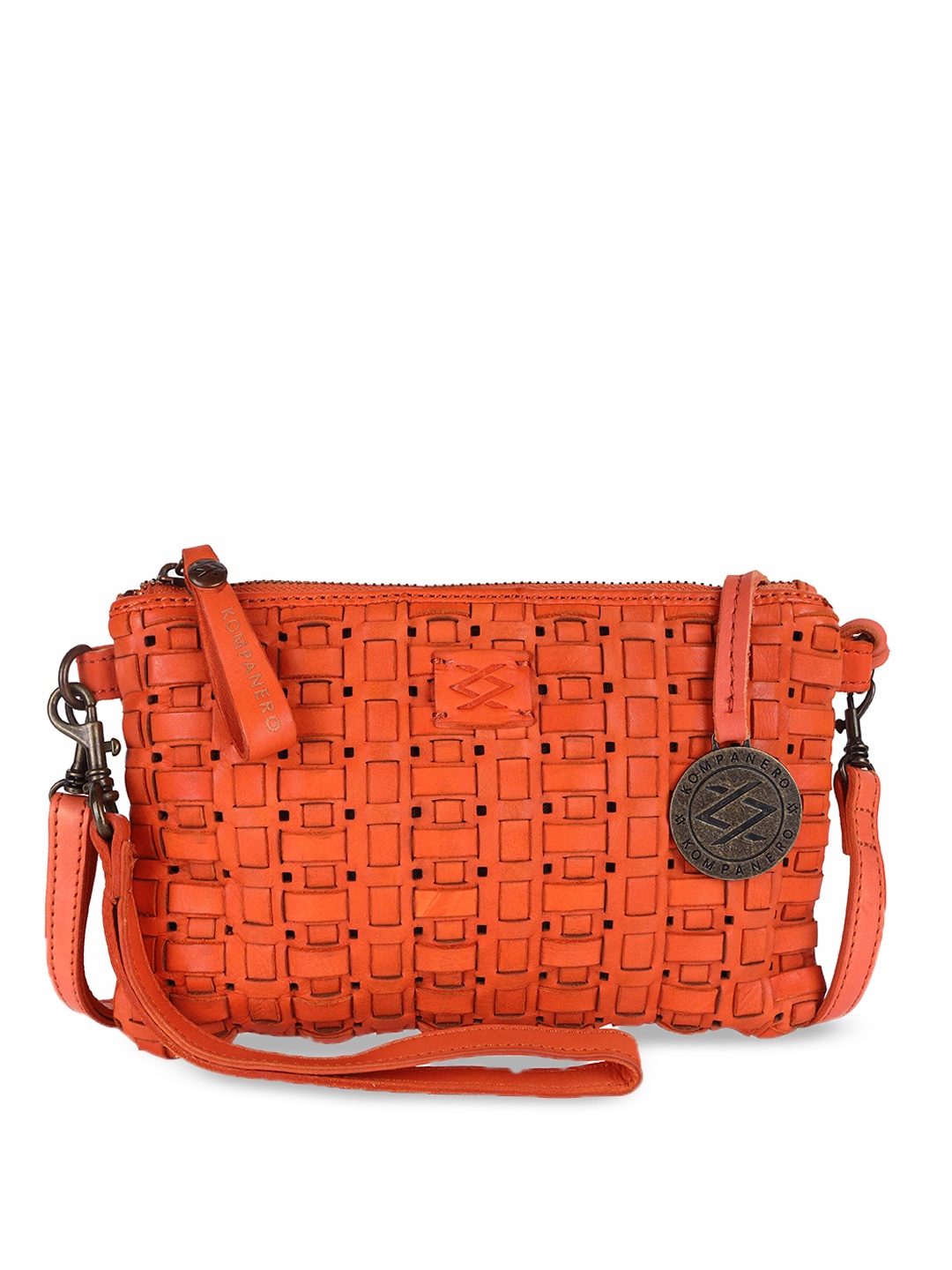 

KOMPANERO Textured Leather Structured Sling Bag, Orange