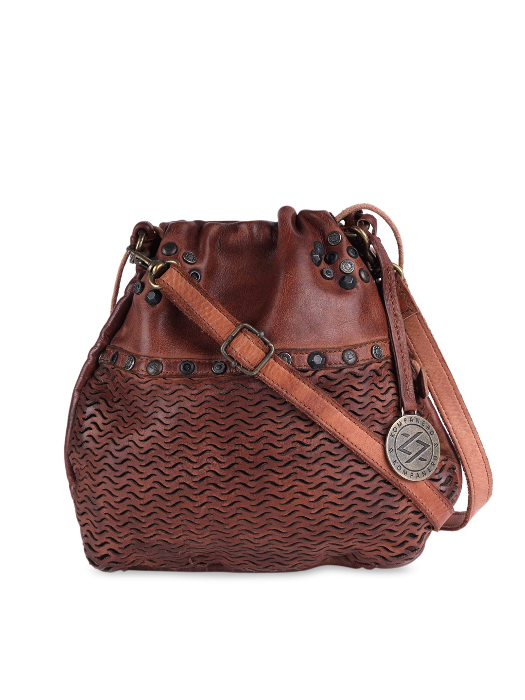 

KOMPANERO Textured Leather Bucket Shoulder Bag, Tan