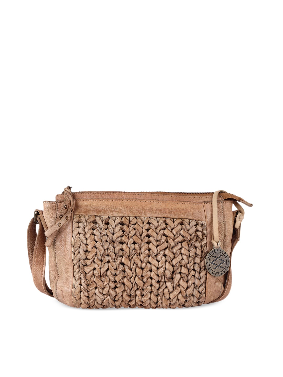 

KOMPANERO Self Design Leather Structured Sling Bag, Beige