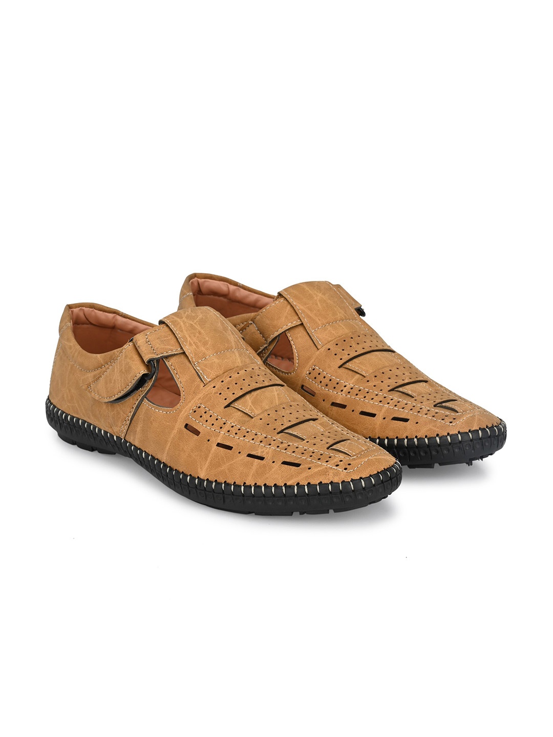

FOXYFOOT Men Textured Velcro Closure Shoe-Style Sandals With Laser Cuts, Tan