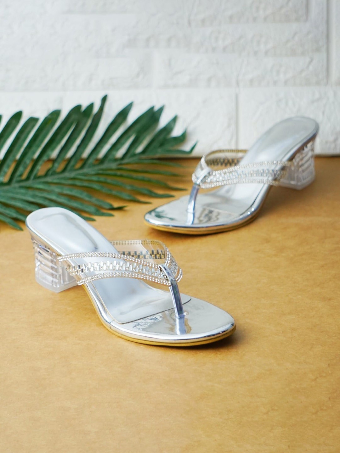 

DressBerry Embellished Open Toe Block Heels, Silver