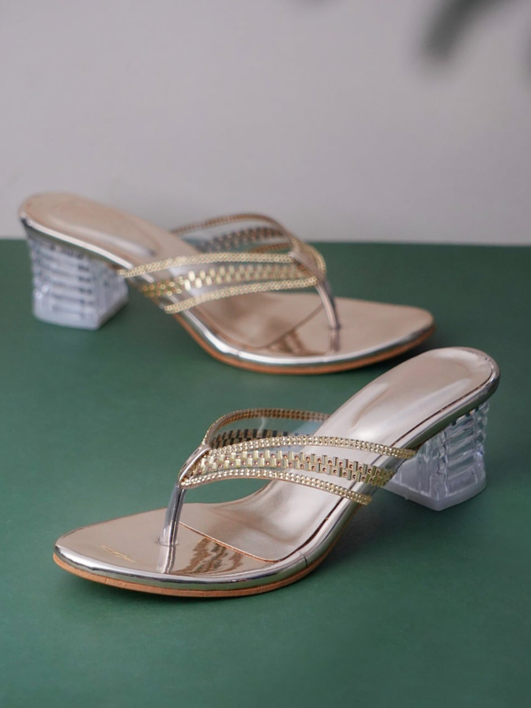 

DressBerry Gold -Toned Embellished Open Toe Block Heels