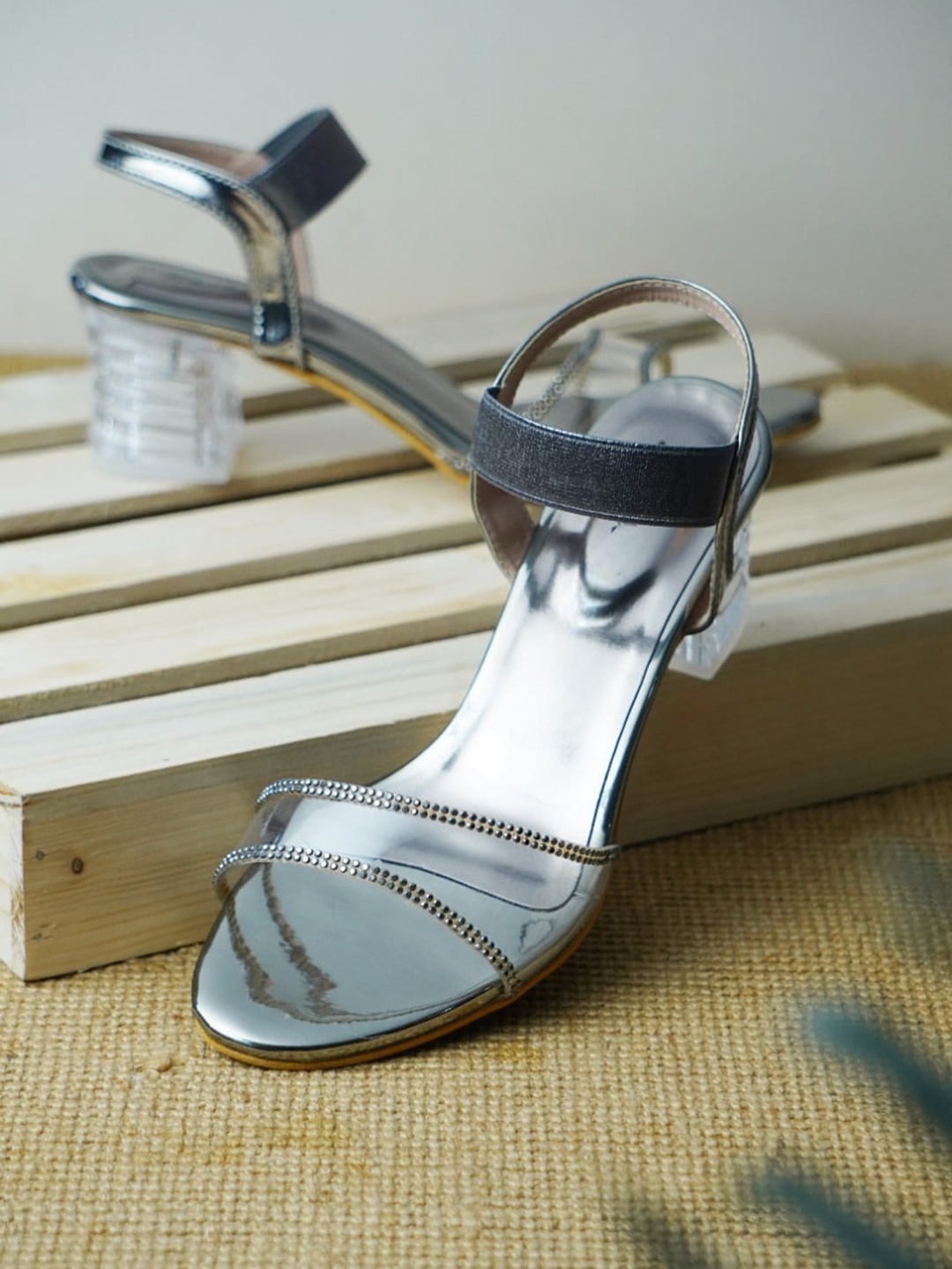 

DressBerry Embellished Open Toe Block Heels, Silver