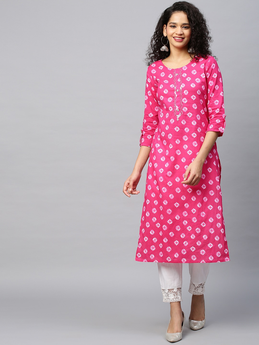 

INDYES Ethnic Motifs Printed Thread Work Pure Cotton Kurta, Pink