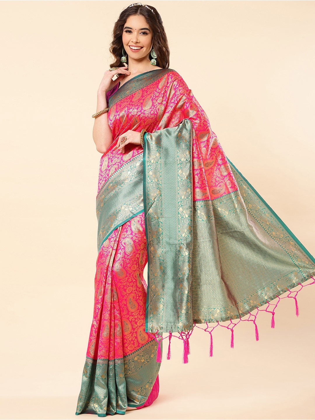 

TEREZA Paisley Woven Design Zari Pure Silk Kanjeevaram Saree, Pink