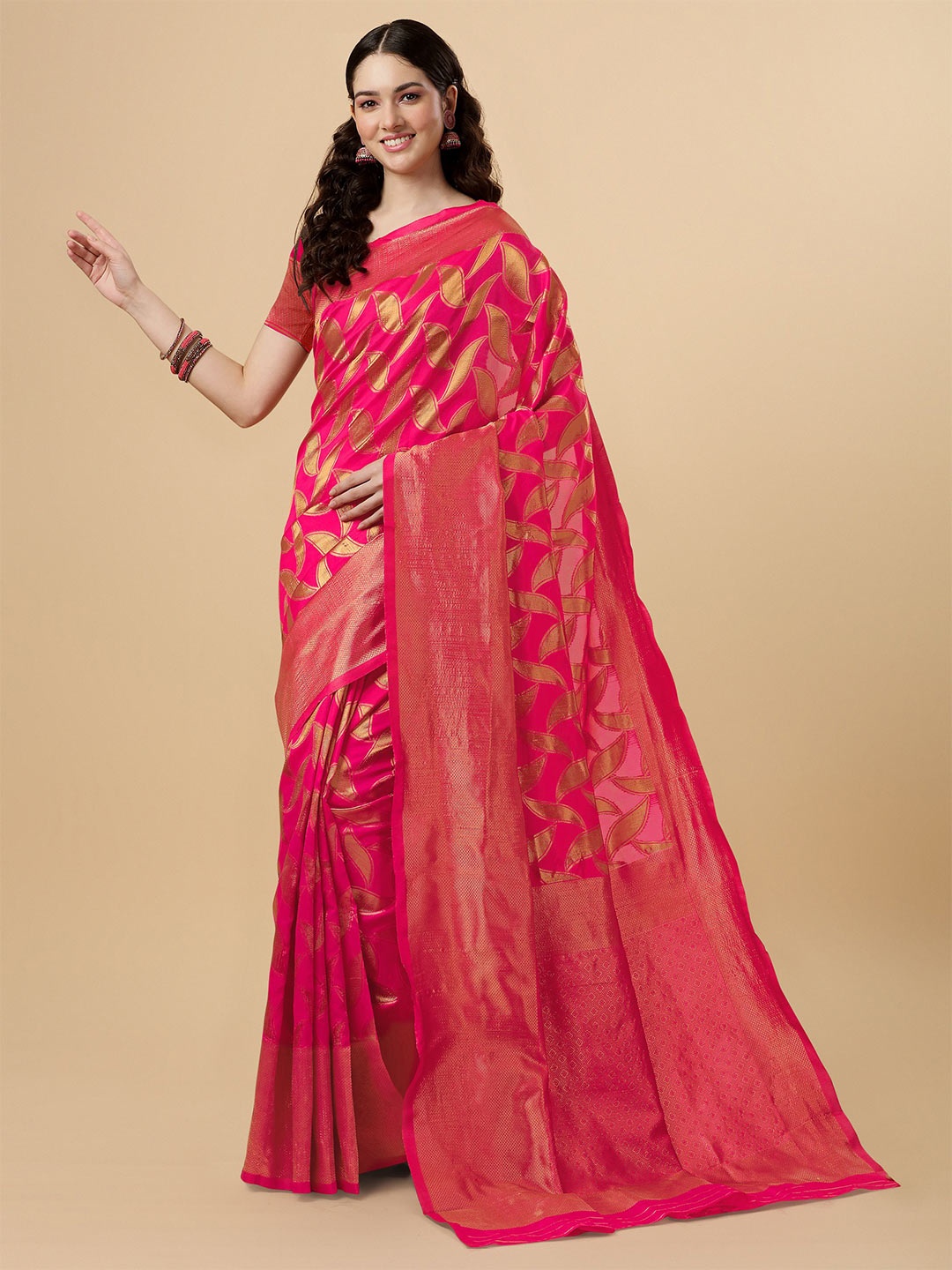 

TEREZA Ethnic Motif Woven Design Zari Pure Silk Banarasi Saree, Pink