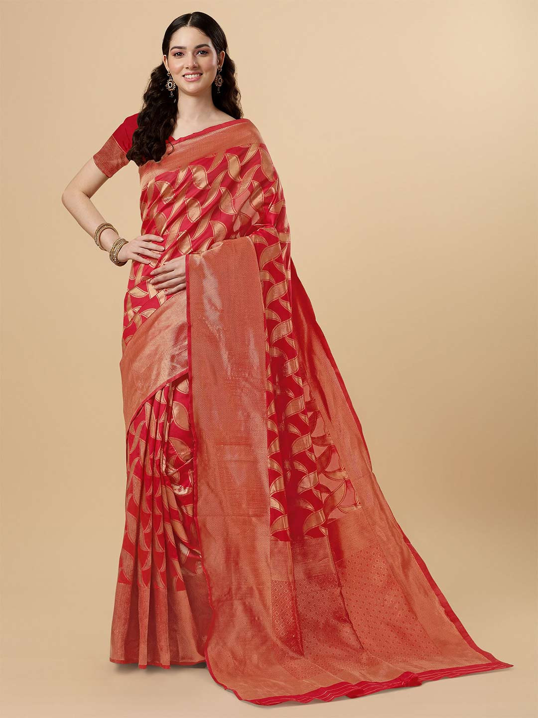 

TEREZA Ethnic Motif Woven Design Zari Pure Silk Banarasi Saree, Red