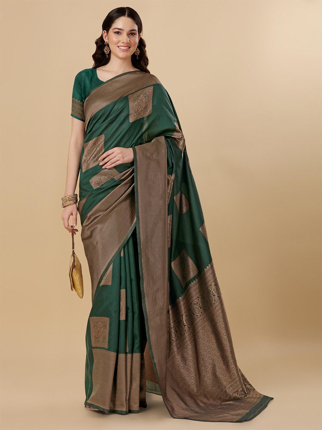 

TEREZA Ethnic Motif Woven Design Zari Pure Silk Kanjeevaram Saree, Green