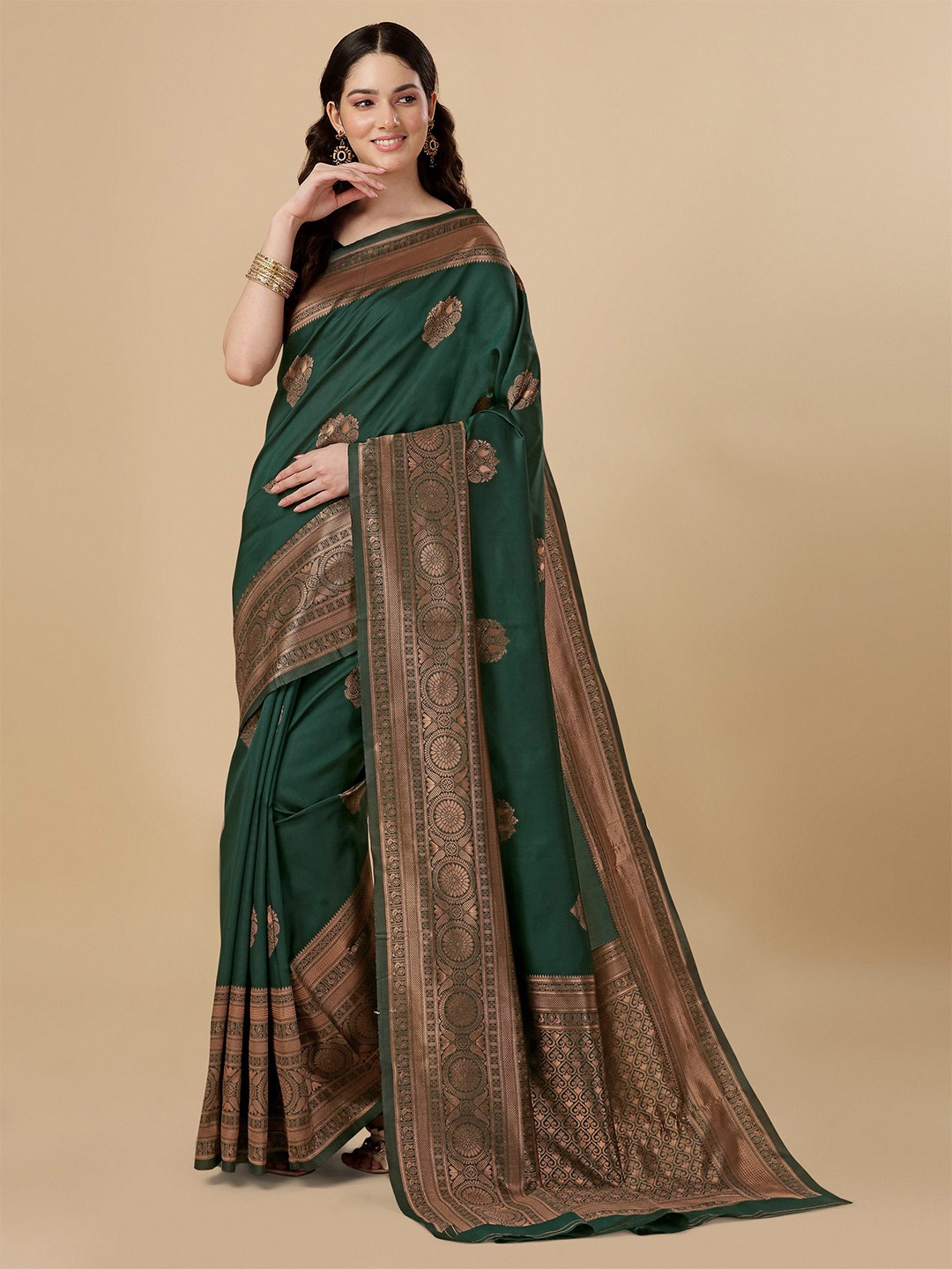 

TEREZA Ethnic Motif Woven Design Zari Pure Silk Kanjeevaram Saree, Green
