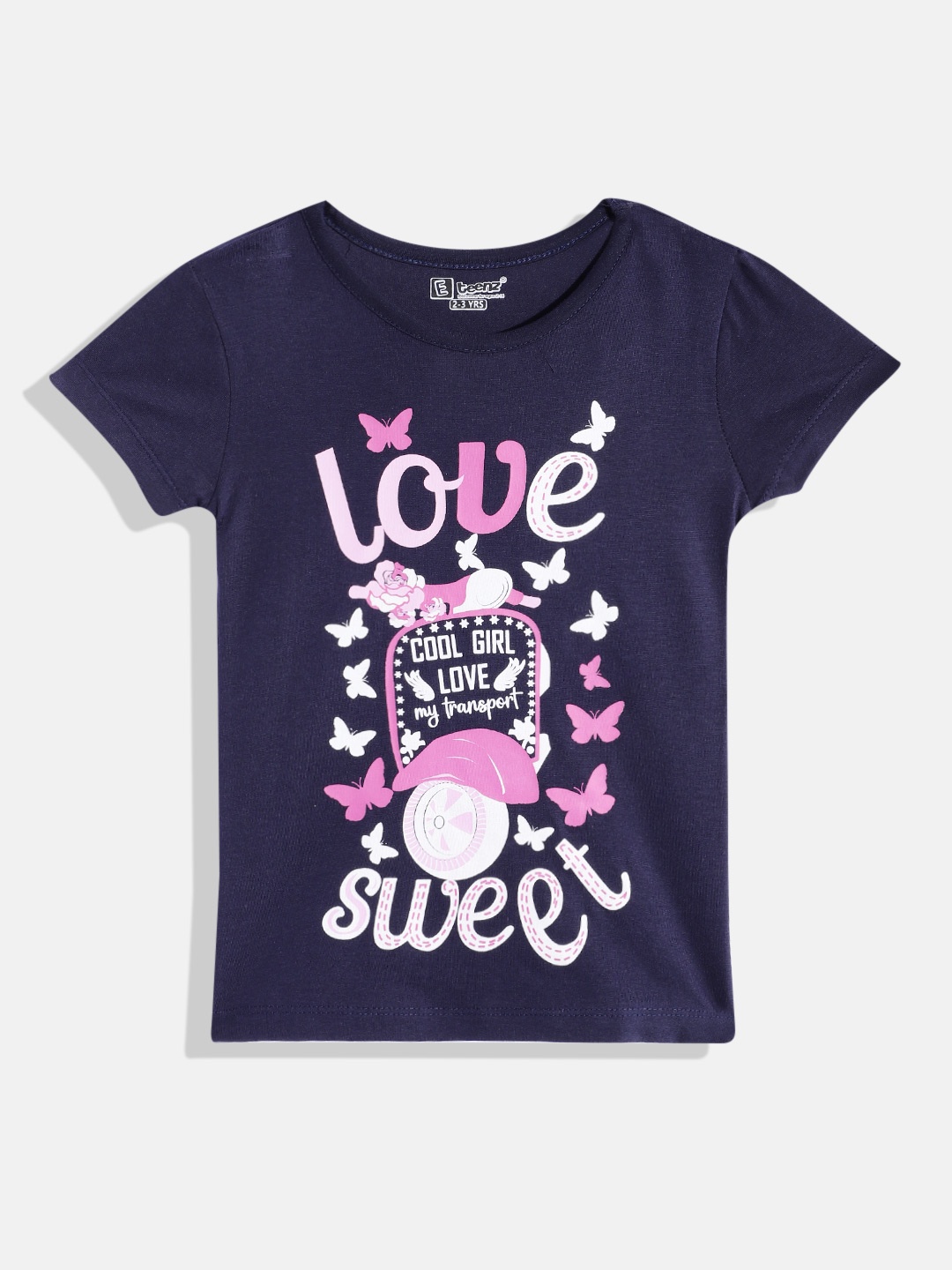 

Eteenz Girls Pure Cotton Typography Printed T-shirt, Navy blue