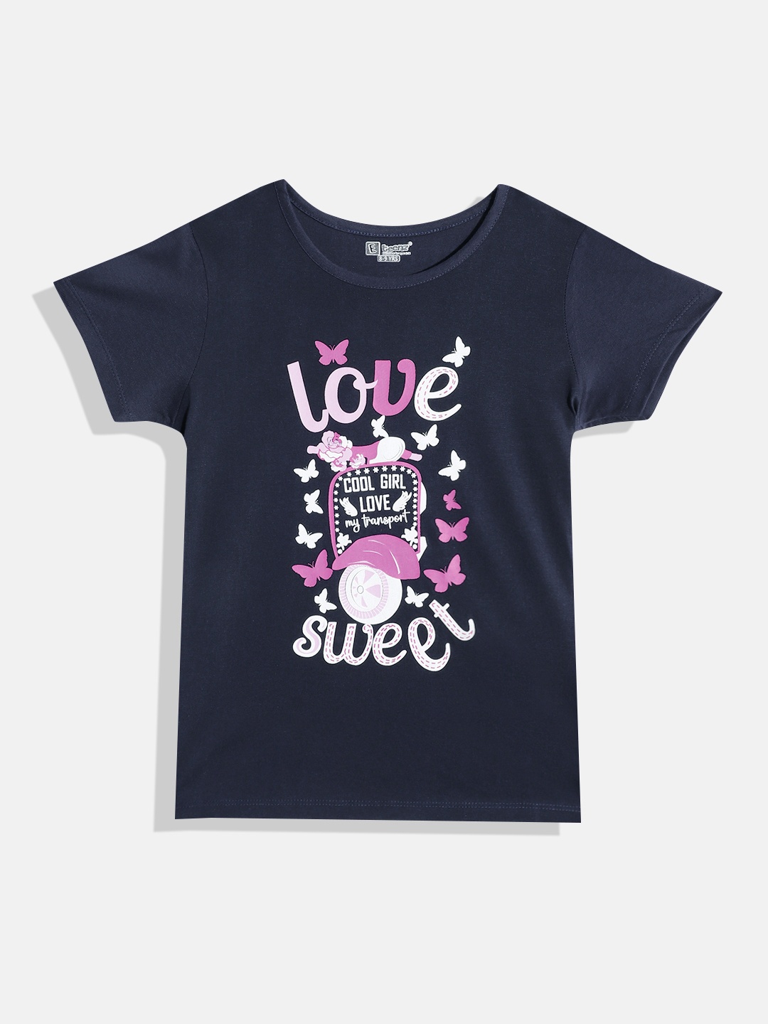 

Eteenz Girls Pure Cotton Typography Printed T-shirt, Navy blue