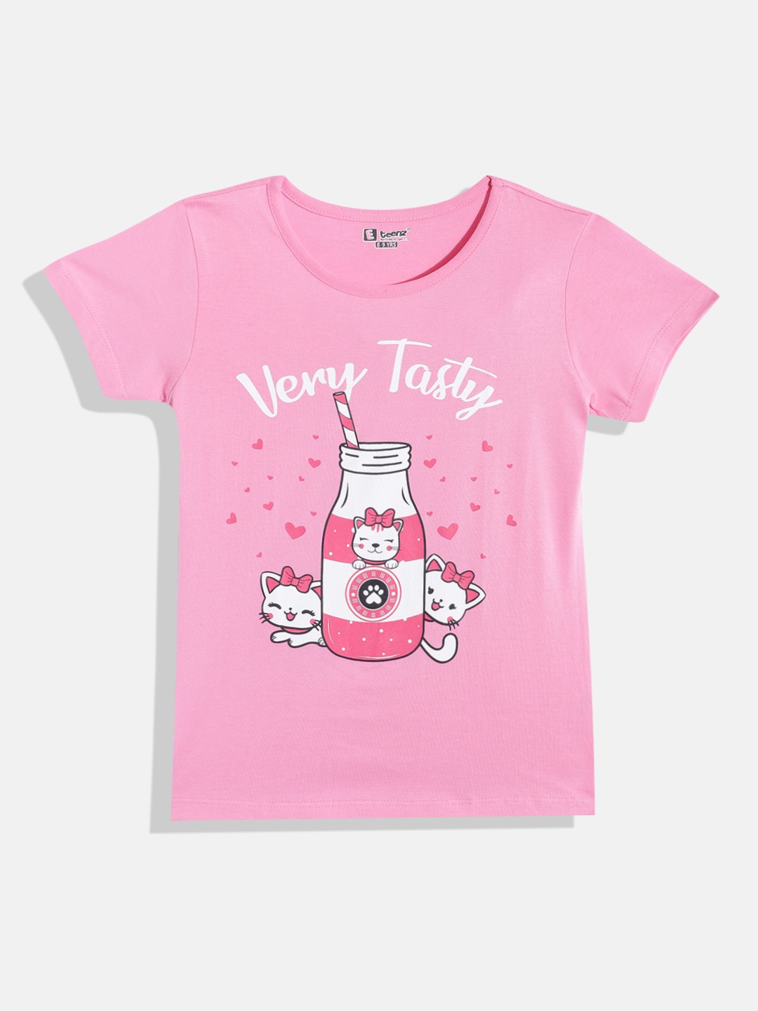 

Eteenz Girls Pure Cotton Graphic Printed T-shirt, Pink