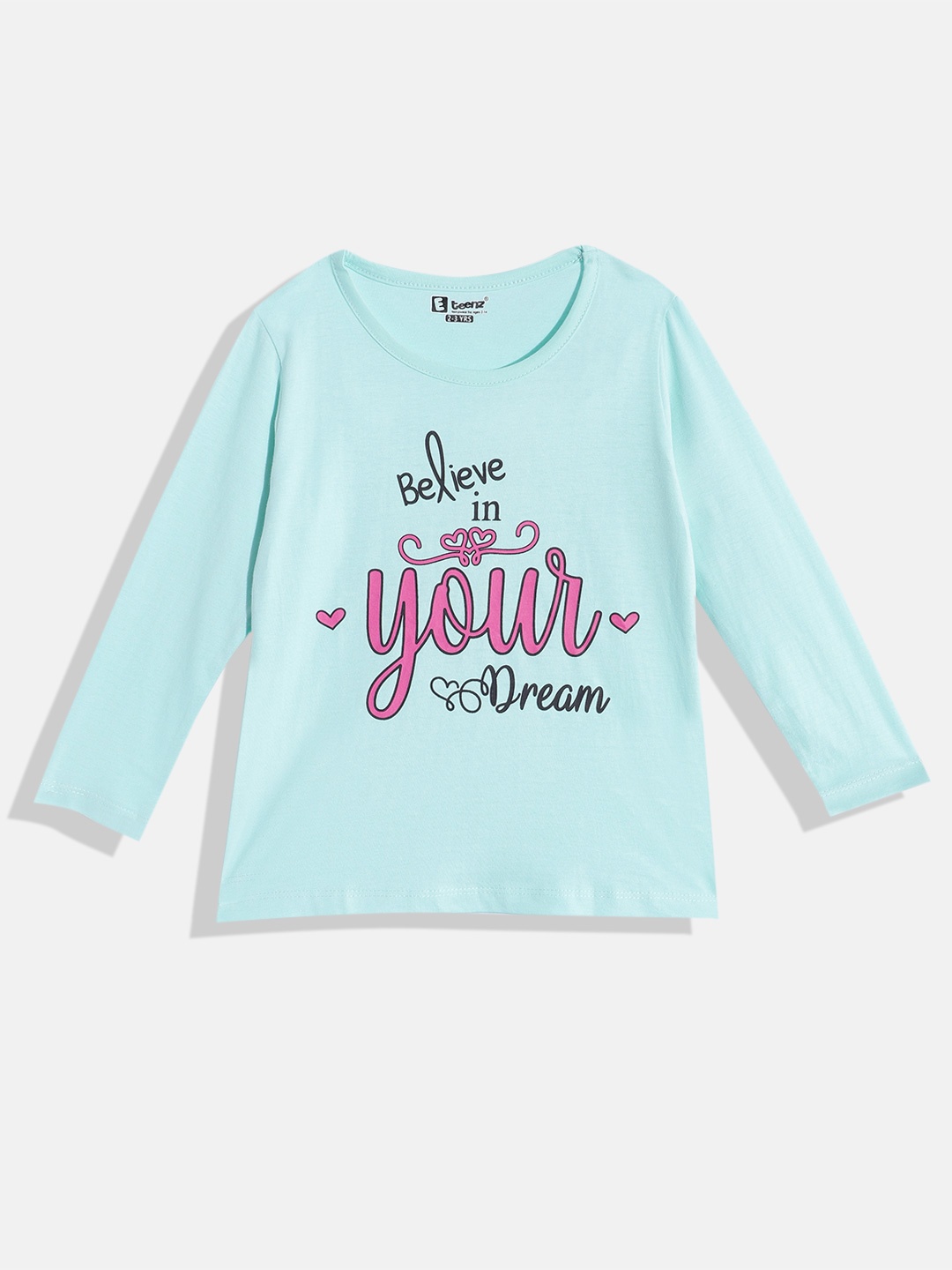 Eteenz Girls Pure Cotton Typography Printed T-shirt, Turquoise blue