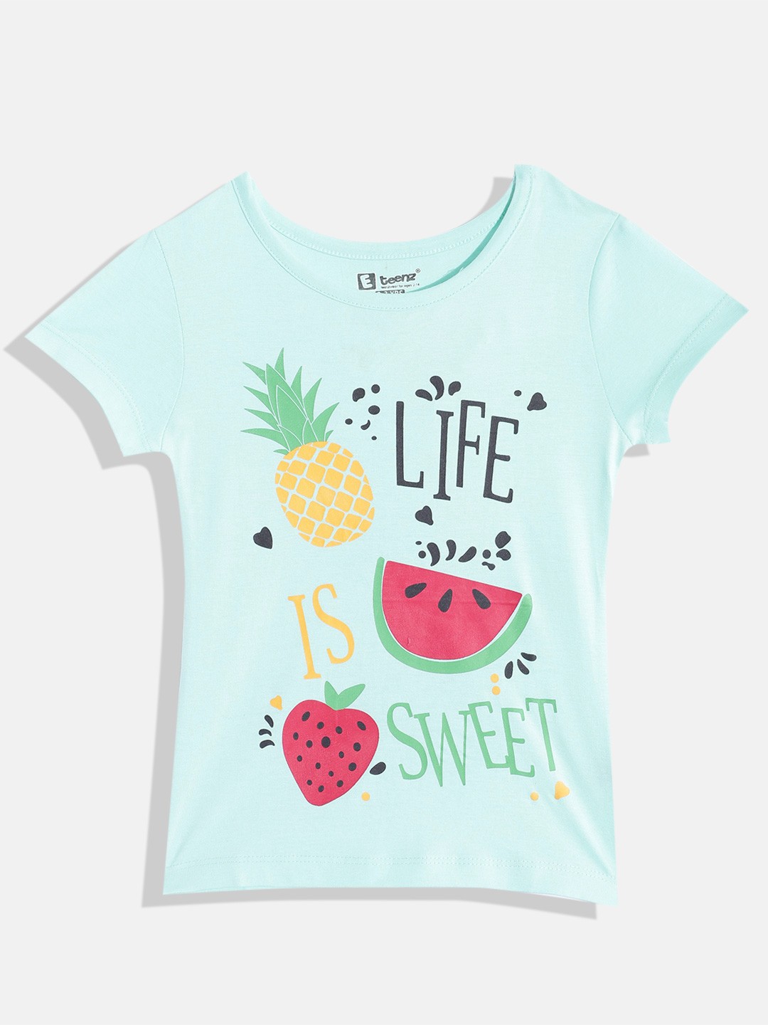 

Eteenz Girls Pure Cotton Typography Printed T-shirtc, Turquoise blue