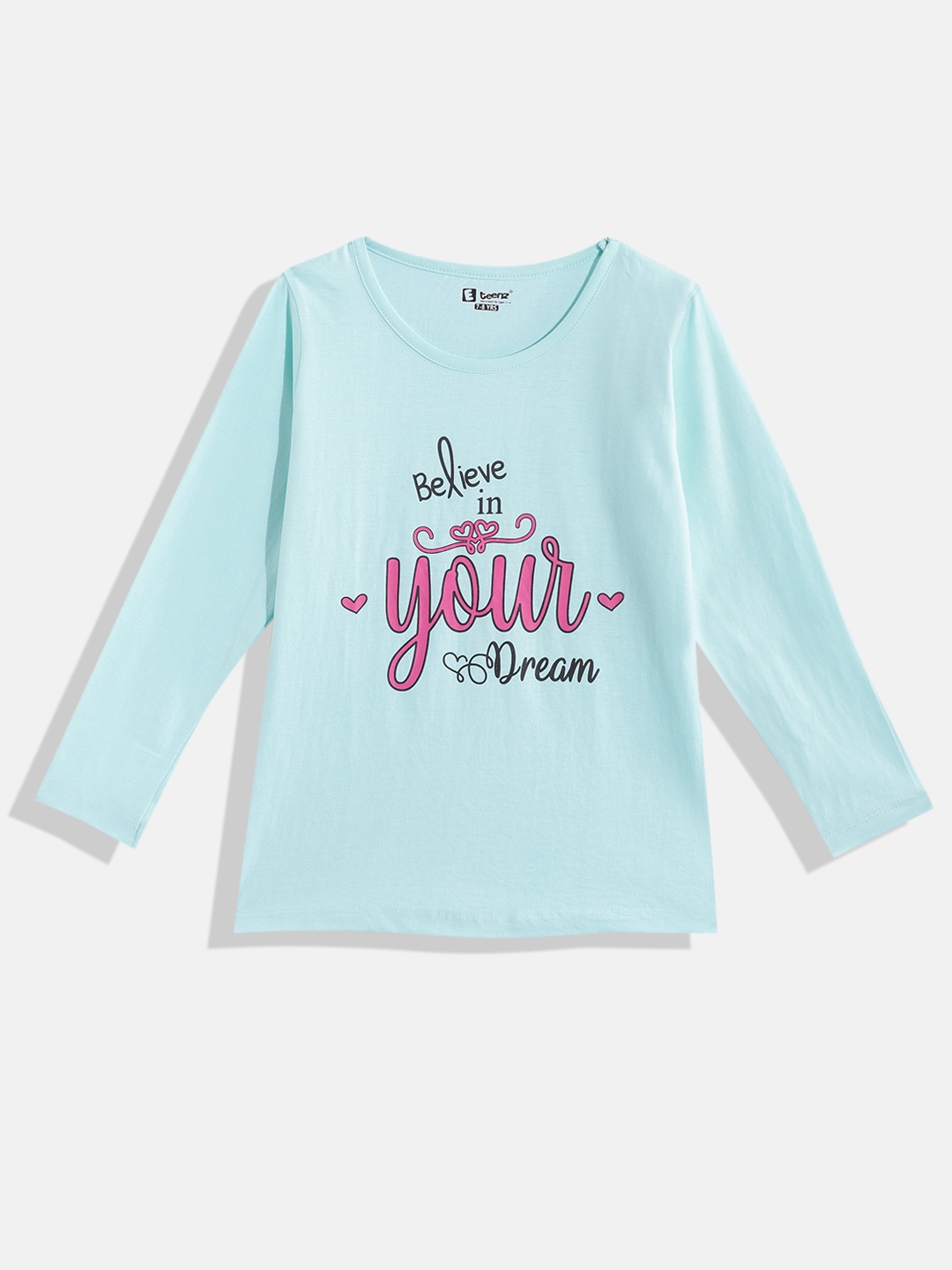 

Eteenz Girls Pure Cotton Typography Printed T-shirt, Turquoise blue