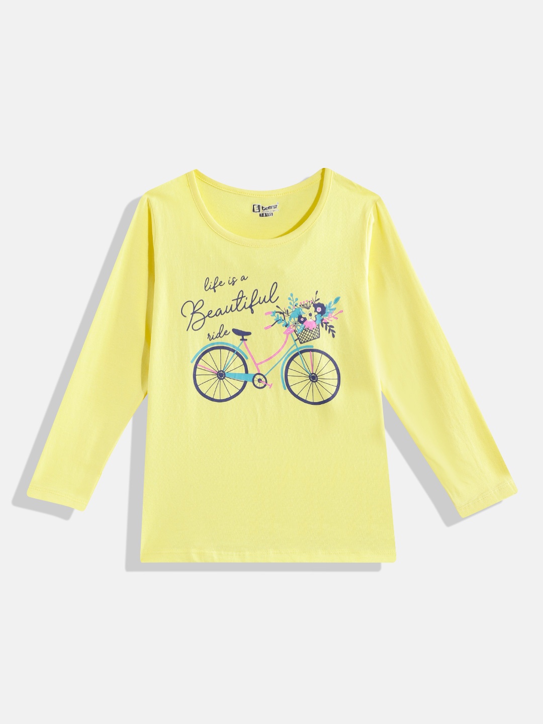 Eteenz Girls Pure Cotton Typography Printed T-shirt, Yellow