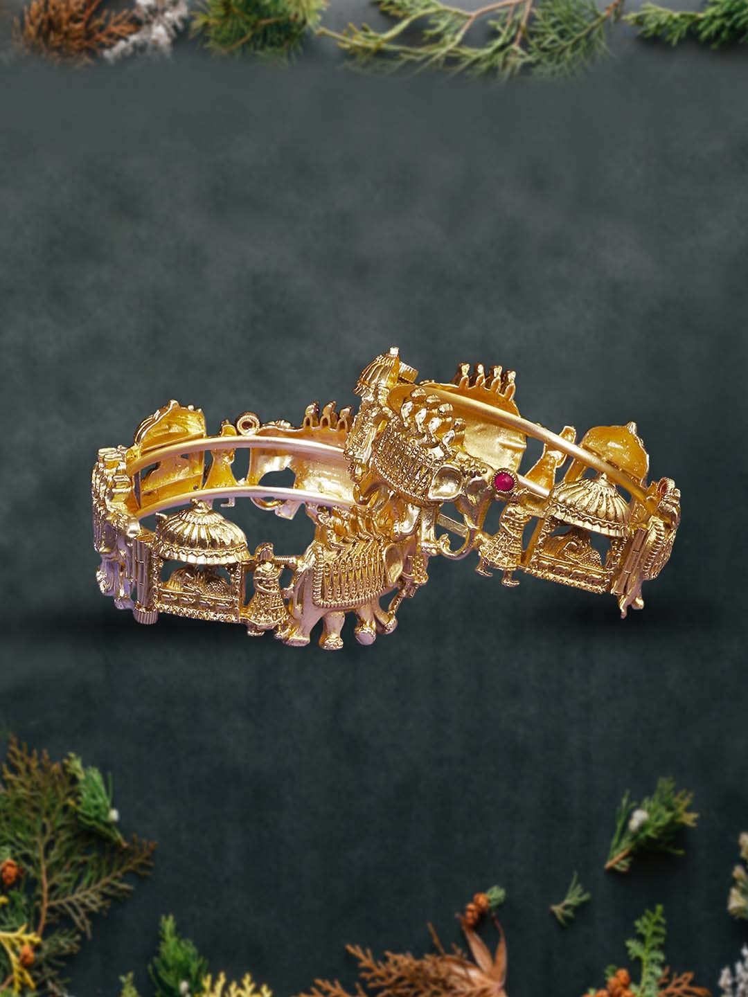

Adwitiya Collection Set of 2 Gold-Plated Elephant & Doli Temple Bangles