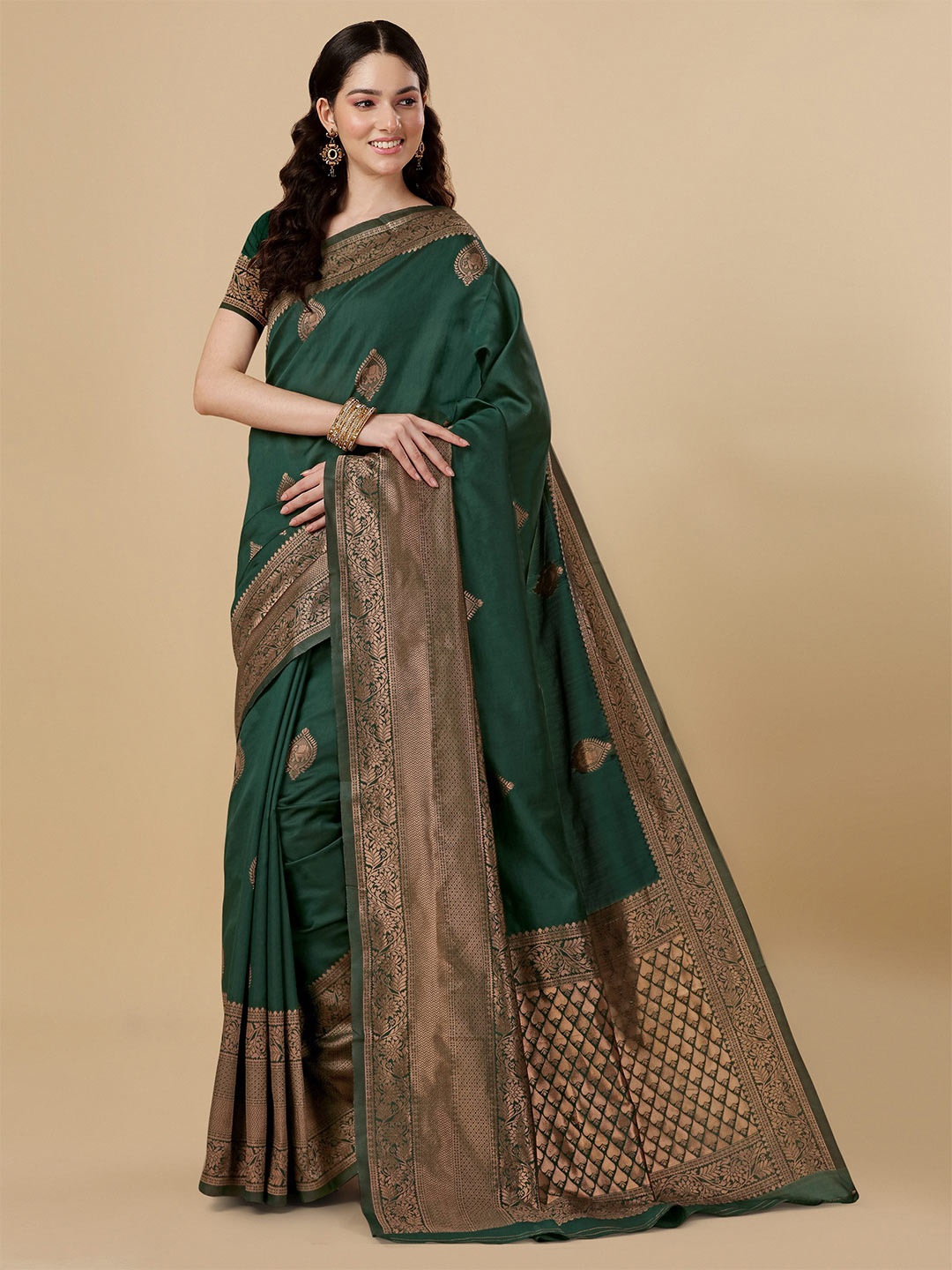

TEREZA Ethnic Woven Design Zari Pure Silk Kanjeevaram Saree, Green